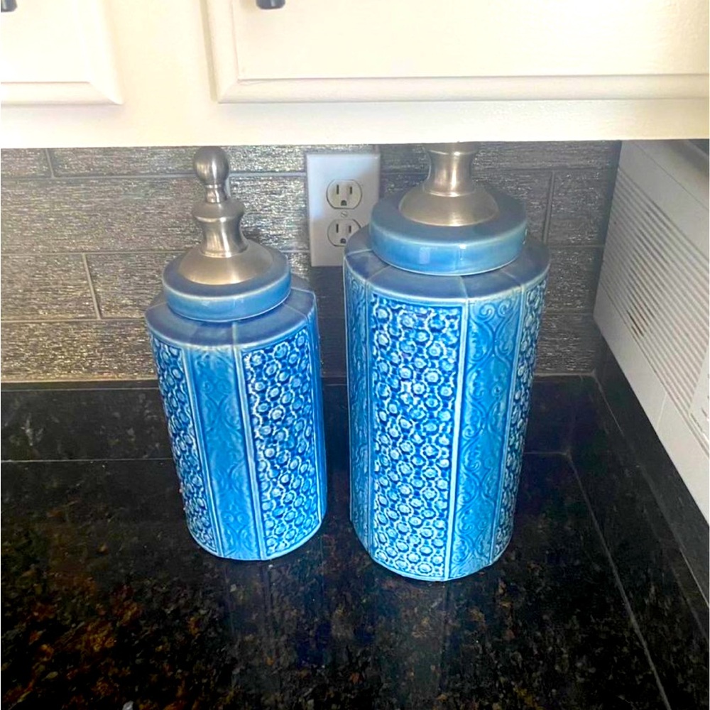 Two beautiful Wayfair blue and chrome canisters